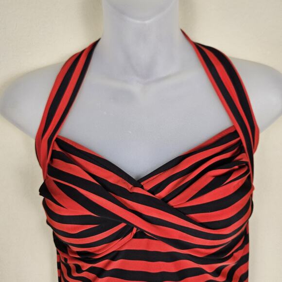Pin-Up Halter Swimsuit Women One Piece High Back Stripe Full Coverage Nautical L - Picture 6 of 15